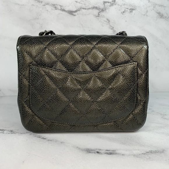 ββ CHANEL 17S Metallic Charcoal Square Classic Caviar Mini Quilt Flap Bag CC RHW - Picture 6 of 17